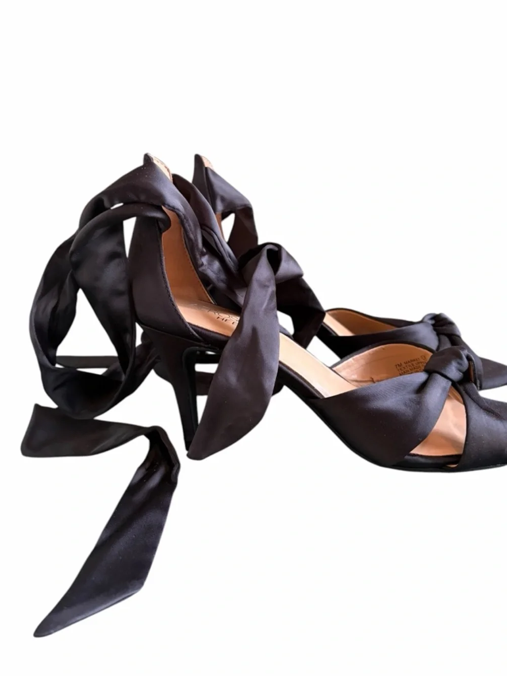 AEROSOLES Black Satin Heelrest Ankle Tie Heels - Picture 4 of 13